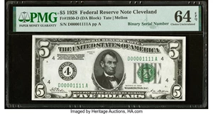 image for: Double Quad Binary Serial Number 00001111 Fr. 1950-D $5 1928 Federal Reserve Note. PMG Choice Uncirculated 64 EPQ....