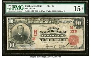 image for: Chillicothe, OH - $10 1902 Red Seal Fr. 613 The First National Bank Ch. # (M)128 PMG Choice Fine 15 Net....