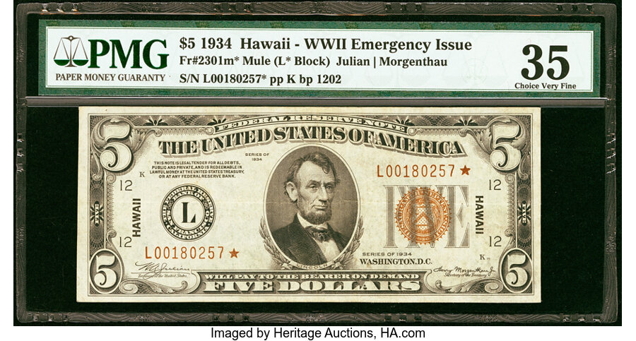 image for: Fr. 2301* $5 1934 Mule Hawaii Federal Reserve Star Note. PMG Choice Very Fine 35....