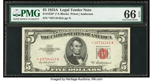 image for: Fr. 1533* $5 1953A Legal Tender Star Note. PMG Gem Uncirculated 66 EPQ....