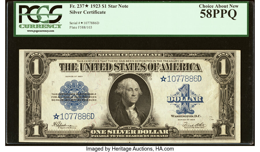 image for: Fr. 237* $1 1923 Silver Certificate Star PCGS Choice About New 58PPQ....