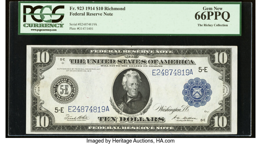 image for: Fr. 923 $10 1914 Federal Reserve Note PCGS Gem New 66PPQ....