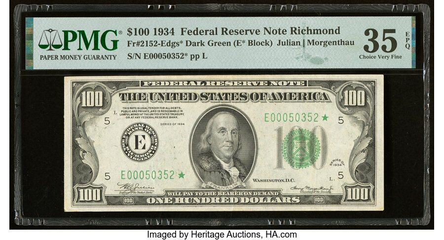 image for: Fr. 2152-E* $100 1934 Federal Reserve Star Note. PMG Choice Very Fine 35 EPQ....