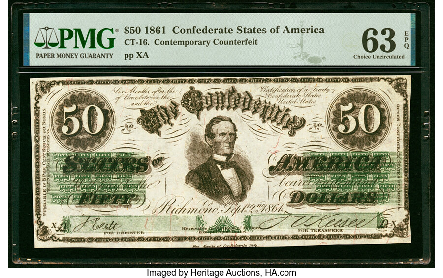image for: CT16/86F Counterfeit $50 1861 PMG Choice Uncirculated 63 EPQ....