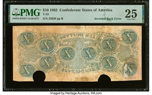 image for: Inverted Back Error T52 $10 1862 PF-1IB Cr. 369IB PMG Very Fine 25....