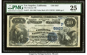 image for: Los Angeles, CA - $10 1882 Value Back Fr. 577 The Citizens National Bank Ch. # (P)5927 PMG Very Fine 25....