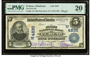 image for: El Reno, OK - $5 1902 Plain Back Fr. 602 The First National Bank Ch. # (W)4830 PMG Very Fine 20....