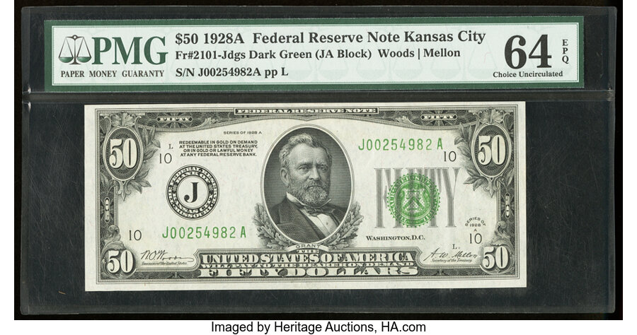 image for: Fr. 2101-J $50 1928A Federal Reserve Note. PMG Choice Uncirculated 64 EPQ....