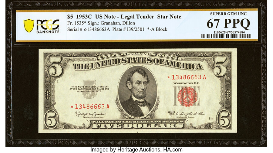 image for: Fr. 1535* $5 1953C Legal Tender Star Note. PCGS Banknote Superb Gem Unc 67 PPQ....