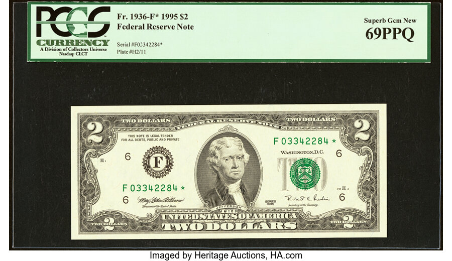 image for: Fr. 1936-F* $2 1995 Federal Reserve Star Note. PCGS Superb Gem New 69PPQ....
