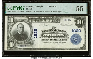 image for: Athens, GA - $10 1902 Plain Back Fr. 625 The National Bank of Athens Ch. # 1639 PMG About Uncirculated 55....