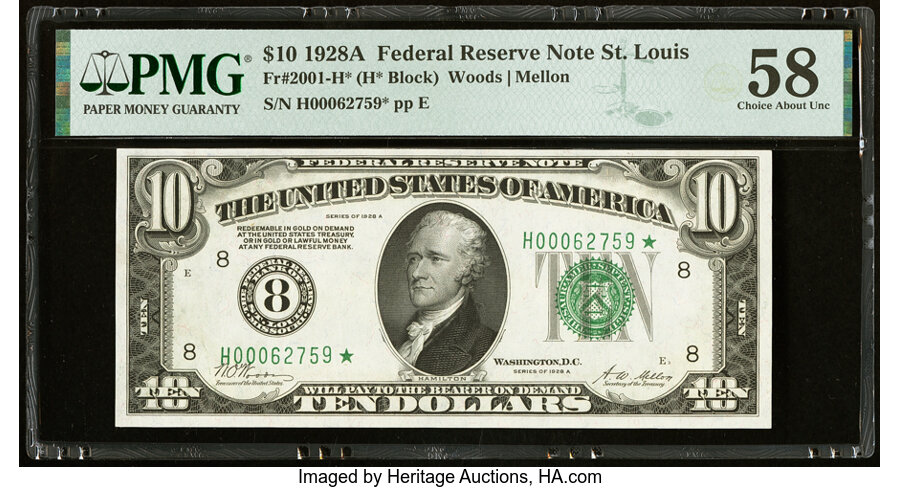 image for: Fr. 2001-H* $10 1928A Federal Reserve Star Note. PMG Choice About Unc 58....