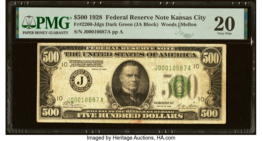 image for: Fr. 2200-J $500 1928 Federal Reserve Note. PMG Very Fine 20....