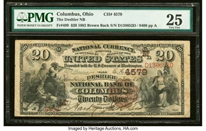image for: Columbus, OH - $20 1882 Brown Back Fr. 499 The Deshler National Bank Ch. # (M)4579 PMG Very Fine 25....