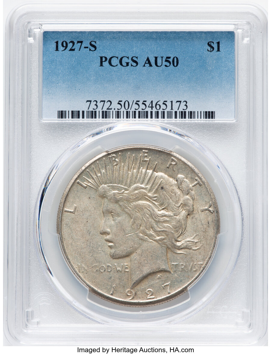 1927-S $1 AU50 PCGS. Mintage 866,000. ...