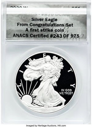 image for: 2020-W $1 Silver Eagle, Congratulations Set, A First Strike Coin, PR70 Deep Cameo ANACS. ANACS Certified #243 of 975....