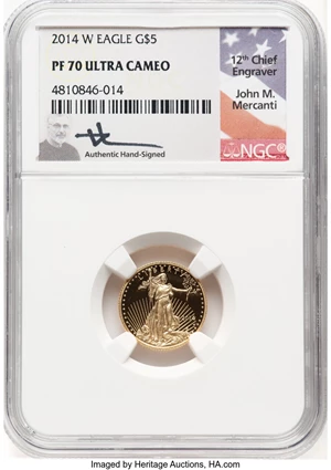 image for: 2014-W $5 Tenth-Ounce Gold Eagle PR70 Ultra Cameo NGC. Hand-signed, John M. Mercanti. NGC Census: (1796). PCGS Population: ...