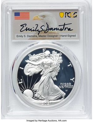 image for: 2021-S $1 Silver Eagle, Type Two, Advanced Release, PR70 Deep Cameo PCGS. Hand-signed, Emily Damstra....