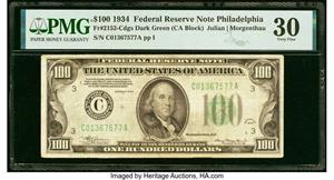 image for: Fr. 2152-C $100 1934 Dark Green Seal Federal Reserve Note. PMG Very Fine 30....