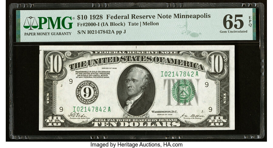image for: Fr. 2000-I $10 1928 Federal Reserve Note. PMG Gem Uncirculated 65 EPQ....