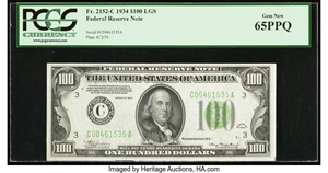 image for: Fr. 2152-C $100 1934 Light Green Seal Federal Reserve Note. PCGS Gem New 65PPQ....