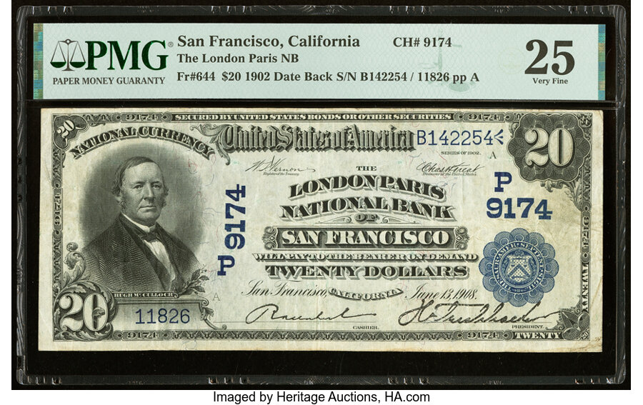 image for: San Francisco, CA - $20 1902 Date Back Fr. 644 The London Paris National Bank Ch. # (P)9174 PMG Very Fine 25....