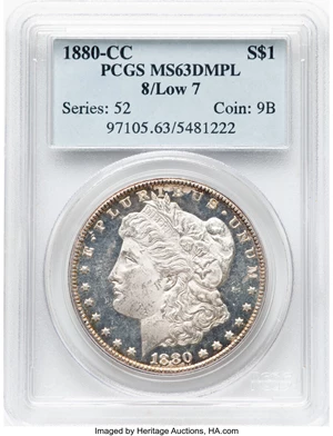 image for: 1880-CC $1 8 Over Low 7, VAM-6, MS63 Deep Mirror Prooflike PCGS. Population: 3 in 63, 7 finer (4/25)....