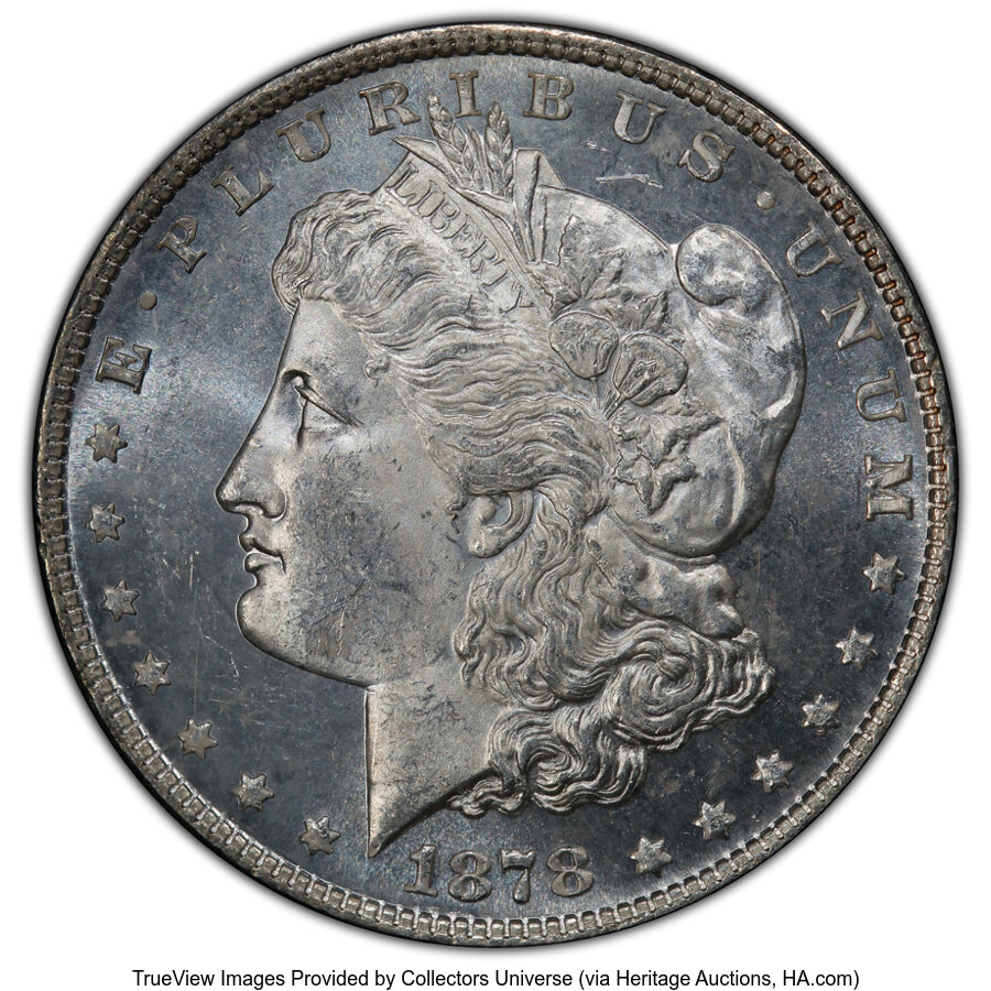 image for: 1878 8TF $1 Spiked Eye, VAM-14.8, MS63+ Prooflike PCGS. Assigned the "Spiked Eye" moniker based upon the large spike right ...