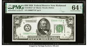 image for: Fr. 2100-E* $50 1928 Federal Reserve Star Note. PMG Choice Uncirculated 64 EPQ....