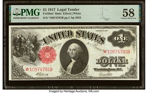 image for: Fr. 38* $1 1917 Mule Legal Tender Star PMG Choice About Unc 58....