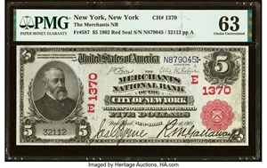 image for: New York, NY - $5 1902 Red Seal Fr. 587 The Merchants National Bank Ch. # (E)1370 PMG Choice Uncirculated 63....