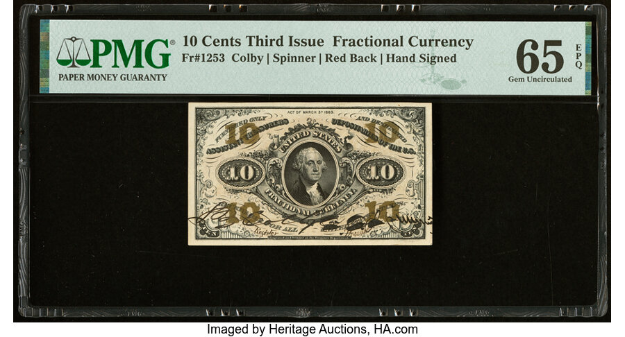 image for: Fr. 1253 10¢ Third Issue PMG Gem Uncirculated 65 EPQ....
