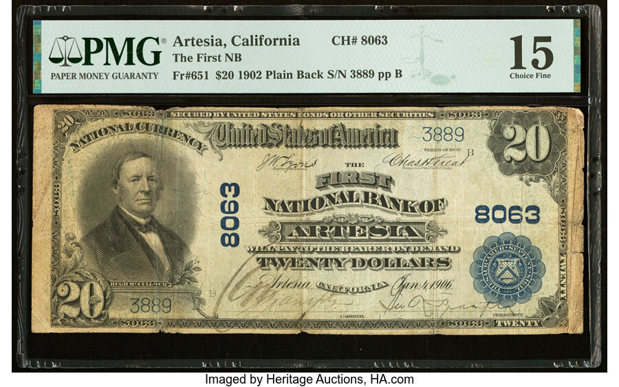 image for: Artesia, CA - $20 1902 Plain Back Fr. 651 The First National Bank Ch. # 8063 PMG Choice Fine 15....