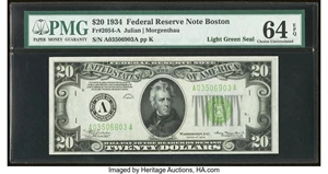 image for: Fr. 2054-A $20 1934 Light Green Seal Federal Reserve Note. PMG Choice Uncirculated 64 EPQ....
