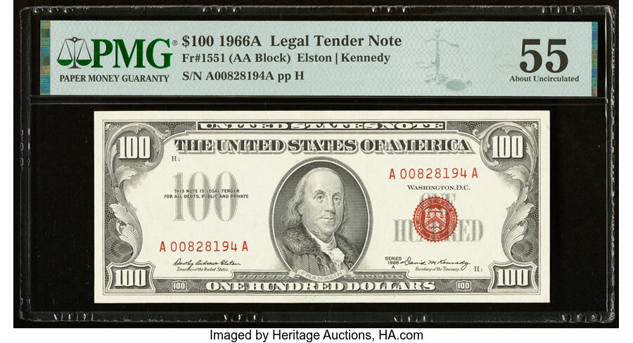 image for: Fr. 1551 $100 1966A Legal Tender Note. PMG About Uncirculated 55....