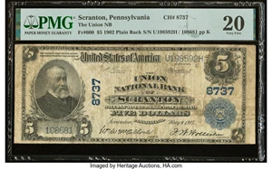 image for: Scranton, PA - $5 1902 Plain Back Fr. 600 The Union National Bank Ch. # 8737 PMG Very Fine 20....