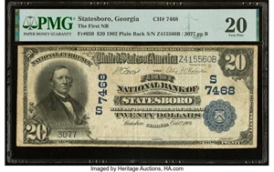 image for: Statesboro, GA - $20 1902 Plain Back Fr. 650 The First National Bank Ch. # (S)7468 PMG Very Fine 20....