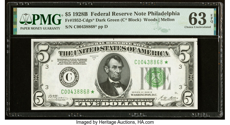 image for: Fr. 1952-C* $5 1928B Federal Reserve Star Note. PMG Choice Uncirculated 63 EPQ....