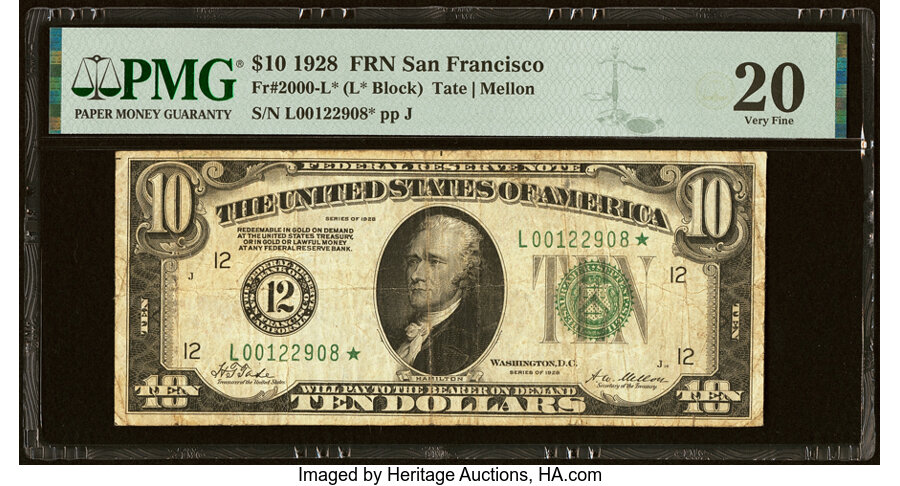 image for: Fr. 2000-L* $10 1928 Federal Reserve Star Note. PMG Very Fine 20....