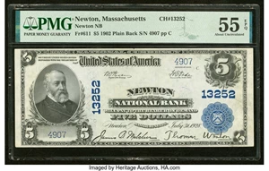 image for: Newton, MA - $5 1902 Plain Back Fr. 611 Newton National Bank Ch. # 13252 PMG About Uncirculated 55 EPQ....
