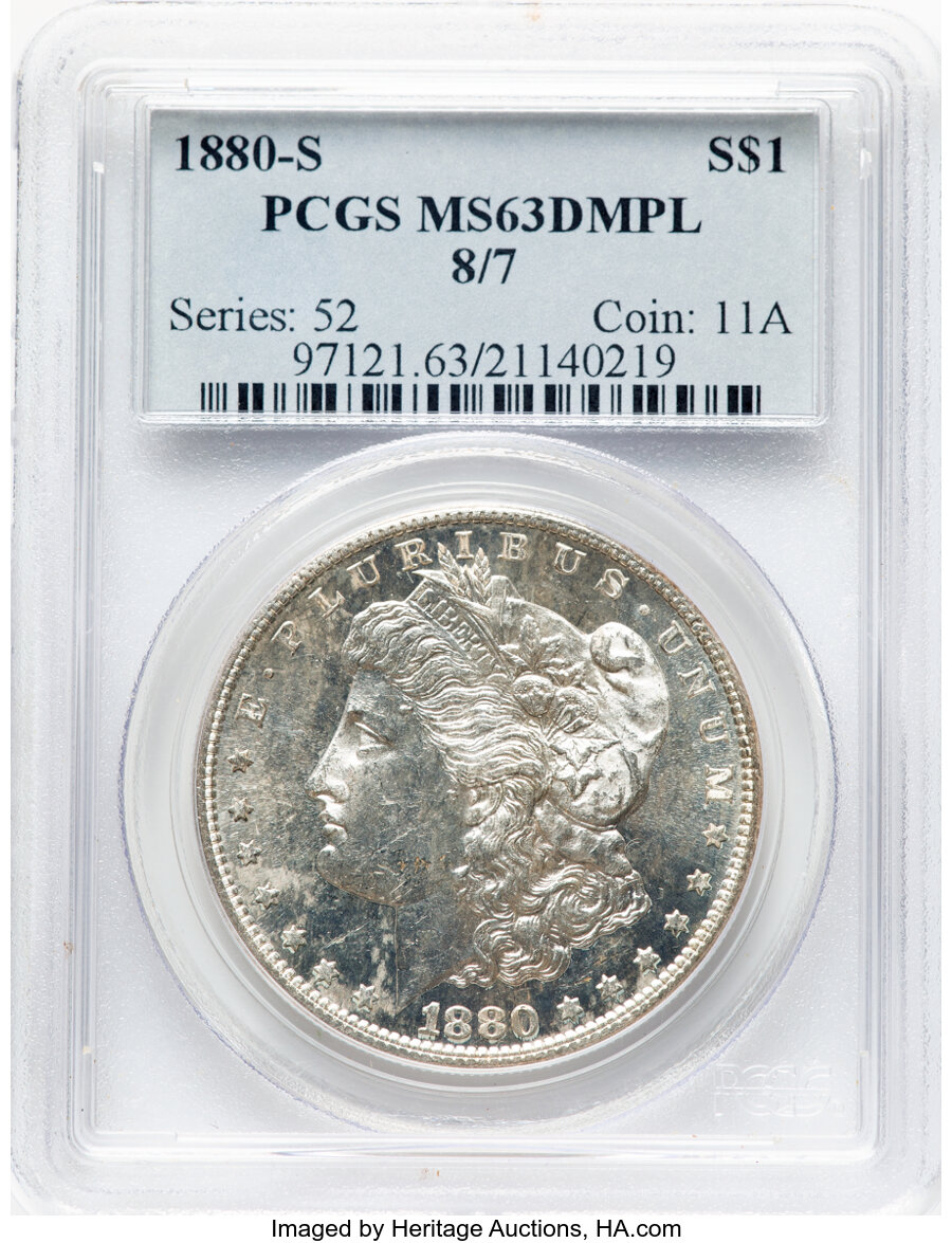 image for: 1880/79-S $1 Medium S, VAM-8, MS63 Deep Mirror Prooflike PCGS. A Top 100 Variety. PCGS Population: (20/32)....