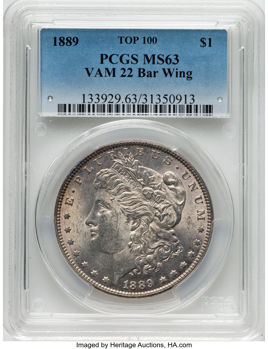 造幣局製 SILVER 89,9グラム 1889 Morgan Dollar Bar Wing VAM 22 Mint State (MS) Pricing