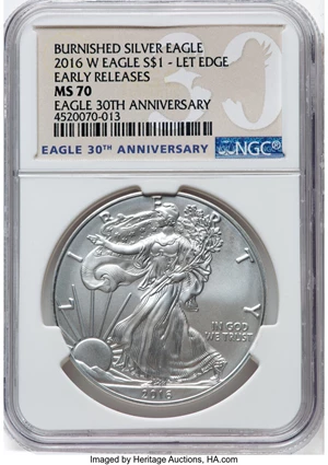 image for: 2016-W $1 Silver Eagle, Burnished, Lettered Edge, Eagle 30th Anniversary, Early Releases, MS70 NGC....