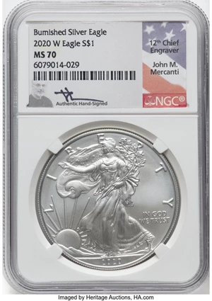 image for: 2020-W $1 Silver Eagle, Burnished MS70 NGC. Authentic Hand-Signed, John M. Mercanti. NGC Census: (5209). PCGS Population: (...