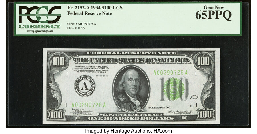 image for: Fr. 2152-A $100 1934 Light Green Seal Federal Reserve Note. PCGS Gem New 65PPQ....