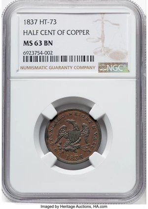 image for: 1837 Token Half Cent Worth of Pure Copper, Low-49, HT-73, W-11-710a, R.1, MS63 Brown NGC. NGC Census: (45/21)....