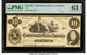 image for: T46 $10 1862 PF-2 Cr. 343 Plate State I PMG Choice Uncirculated 63 EPQ....