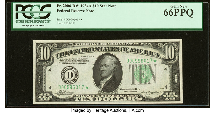 image for: Fr. 2006-D* $10 1934A Federal Reserve Star Note. PCGS Gem New 66PPQ....