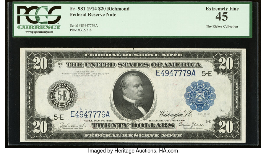 image for: Fr. 981 $20 1914 Federal Reserve Note PCGS Extremely Fine 45....