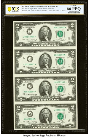image for: Fr. 1935-J* $2 1976 Federal Reserve Notes. Uncut Sheet of Four. PCGS Banknote Gem Unc 66 PPQ....